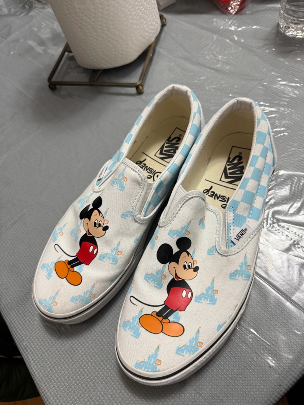 Vans White Light Blue Mickey Mouse Slip-On Sneakers